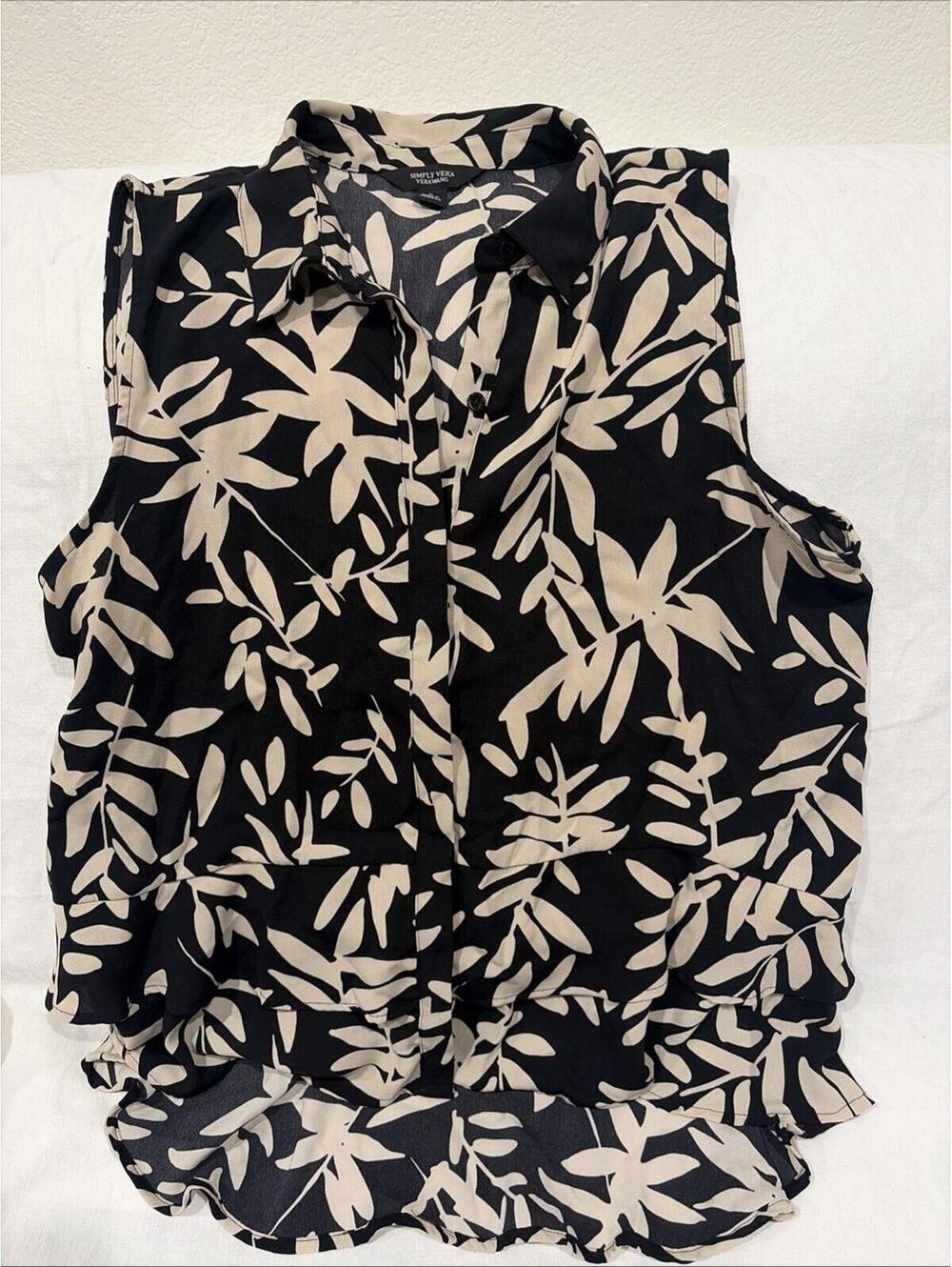 Simply Vera Vera Wang Sleeveless Floral Blk & Tan Blouse Ruffle Bottom Collar